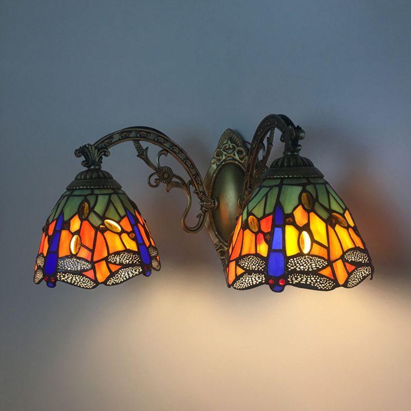 Tiffany Vanity Lamp 2 Lights Dragonfly Vanity Wall Sconce with Multi-Color for Mirror Cabinet