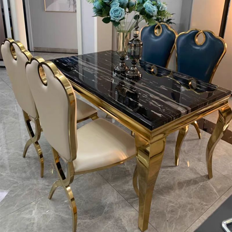 Marble Dining Table Luxury Style 4 Legs Metallic Base Rectangle Table for Home