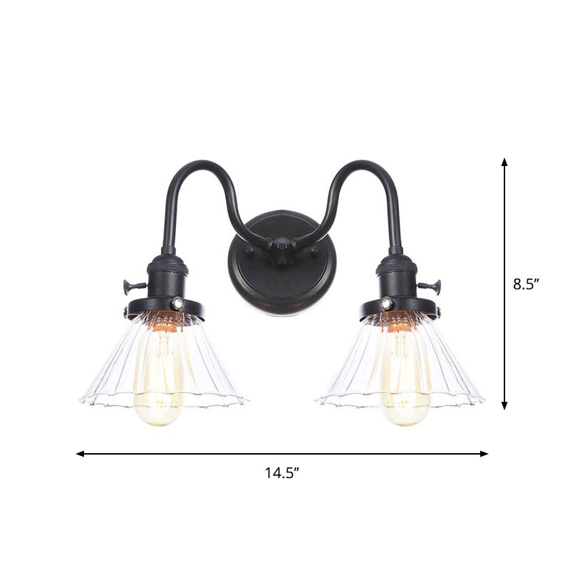 Black Curved/Straight Arm Wall Lighting Farmhouse Iron 2-Head Bathroom Wall Light with Cone/Ball Clear Glass Shade
