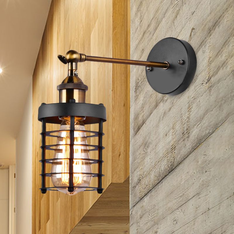 Metal Caged Wall Lighting Industrial Rustic 1 Light Indoor Mini Wall Mount Light with Cylindrical Shade