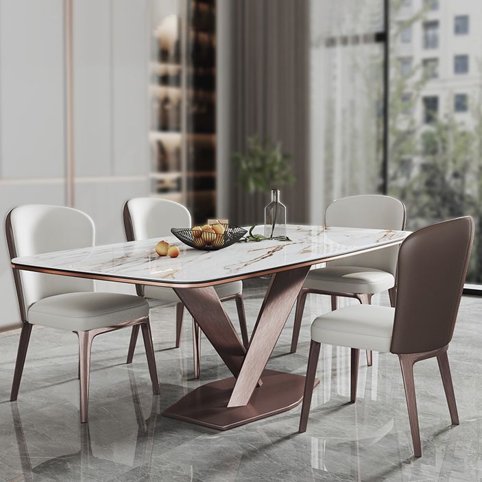 Modern Style Sintered Stone Dining Room Set with Fixed Rectangle Shape Table and Trestle Base
