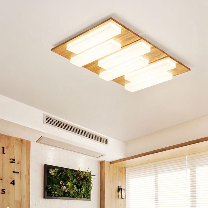 Lámpara de techo LED Beige acrílica de madera clara empotrada rectangular de estilo japonés en Natural/blanco para baño