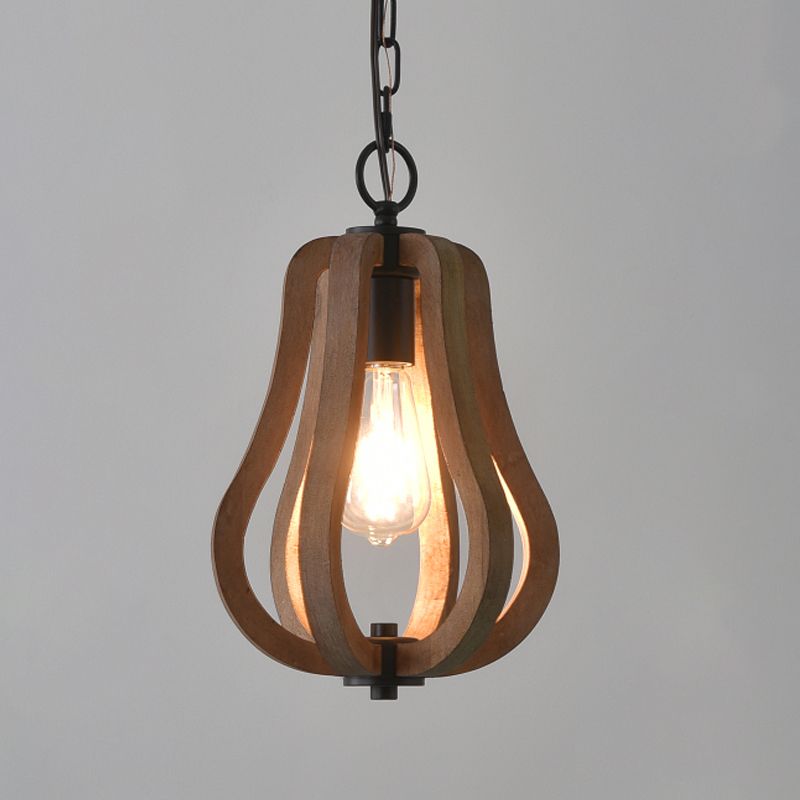 Caged Distressed Wood Hanging Pendant Light Country 1 Head Dining Room Suspension Lighting