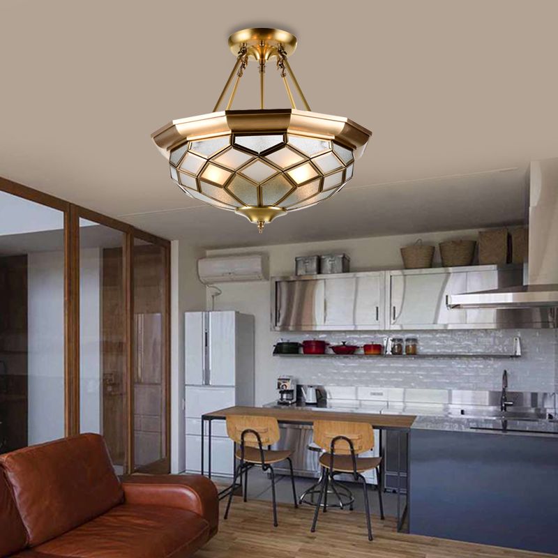 Colonial Dome Ceiling Light Fixture 4 Bulbs Seeded Glass Semi Mount Lighting in Brass for Dining Room