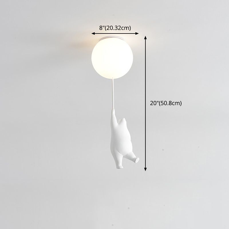 White Globe Ceiling Light in Kids Style artistique Resin Bear Flush Mount with Glass Shade