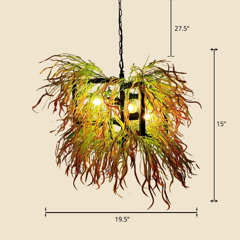 Chandelier Lamp Industrial Cage Iron Pendant Light Fixture with Faux Plant Decor