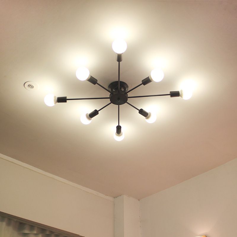 Lámpara de techo negra de 8 luces, estilo industrial retro, hierro Sputnik, montaje semiempotrado para sala de estar
