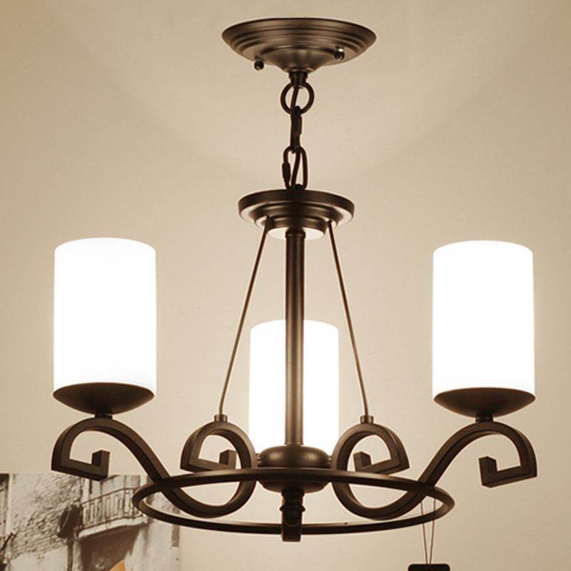 3/6 Lights Chandelier Light with Cylinder Frosted Glass Shade Classic Living Room Ceiling Lamp in Black
