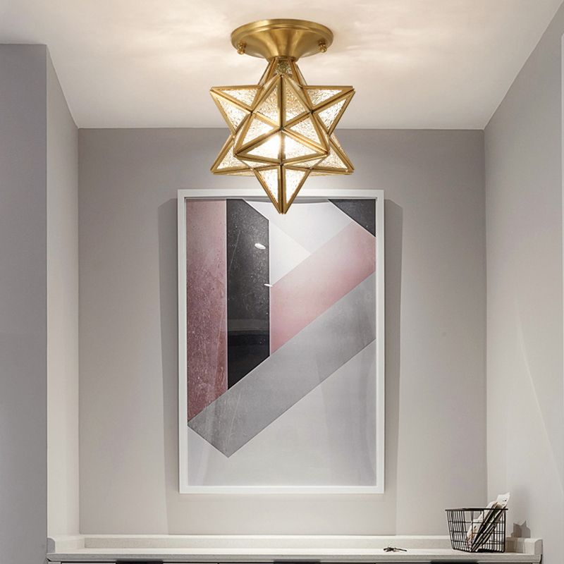 Plafonnier étoile en cuivre à montage encastré d'intérieur de luxe colonial avec abat-jour en verre