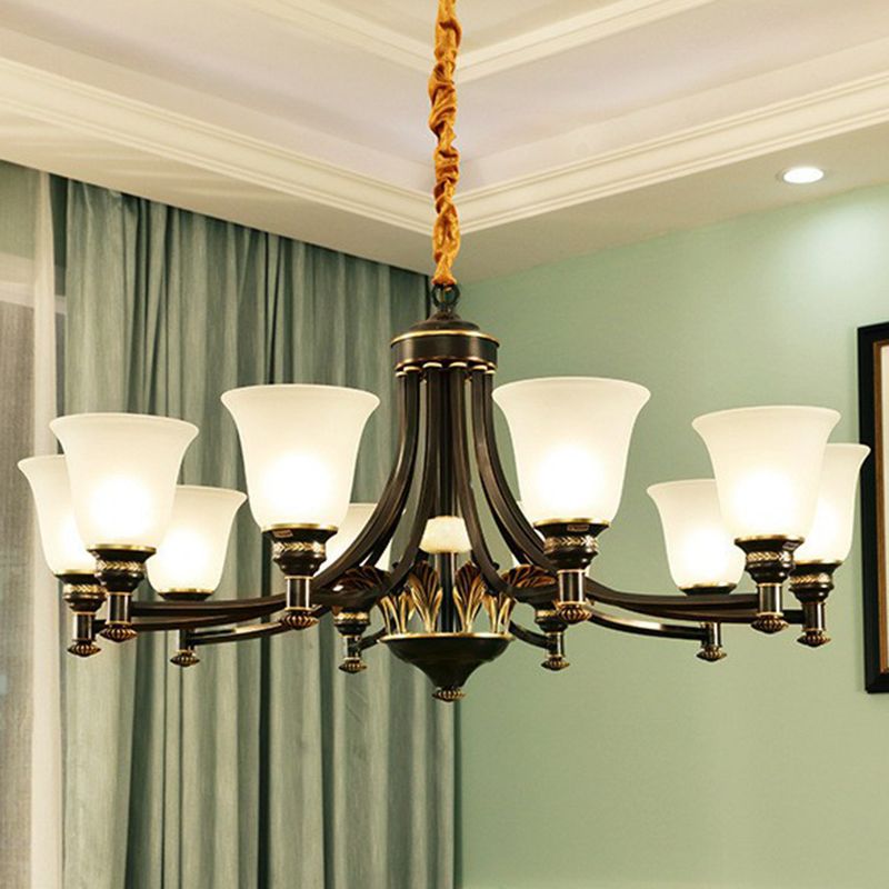 Cream Glass Flared Shade Chandelier Pendant Light Vintage Living Room Hanging Light in Black