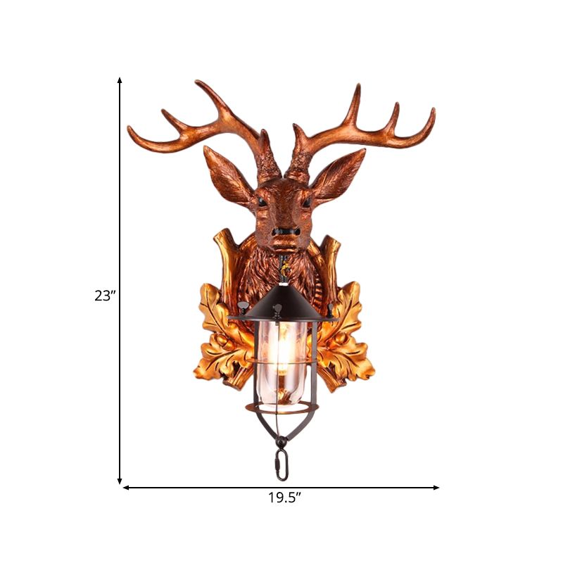 1 Light Wall Sconce Lighting Traditional Deer Head Resin Wall Lamp Fixture in Brown with Cage