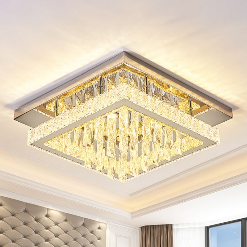 Cadre carré Clear Crystal Flush Mount Modernist Bedroom Ceiling Lighting in Chrome with Waterfall Design