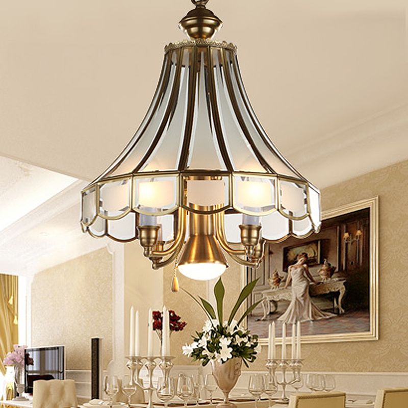 Brass Scallop Chandelier Pendant Light Colonial Sandblasted Glass 5 Lights Study Room Suspension Lamp
