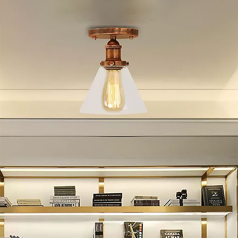 Single Bulb Semi-Flush Mount Industrial Conical Clear Glass Ceiling Light in Black / Brass / Copper
