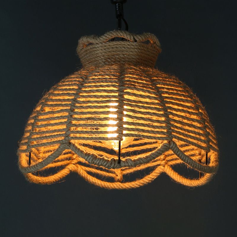 1 testa in giù per il ciondolo di illuminazione rustico ciotola smerlata/capanna a forma di cappola lampada sospensione del soffitto in legno per sala da pranzo