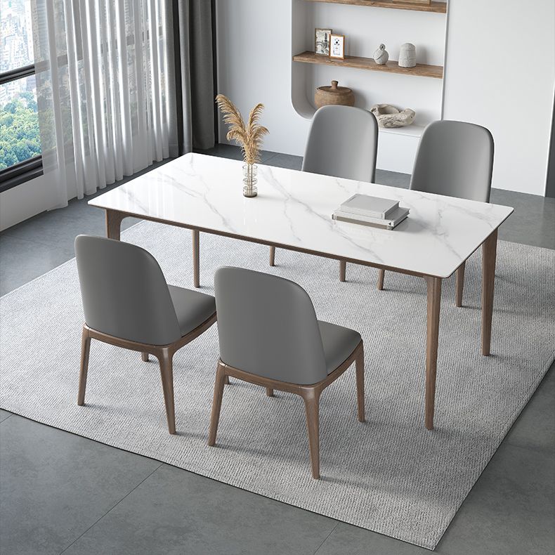 Sintered Stone Rectangle White Table Kitchen Table with Wooden Base and 4 Legs
