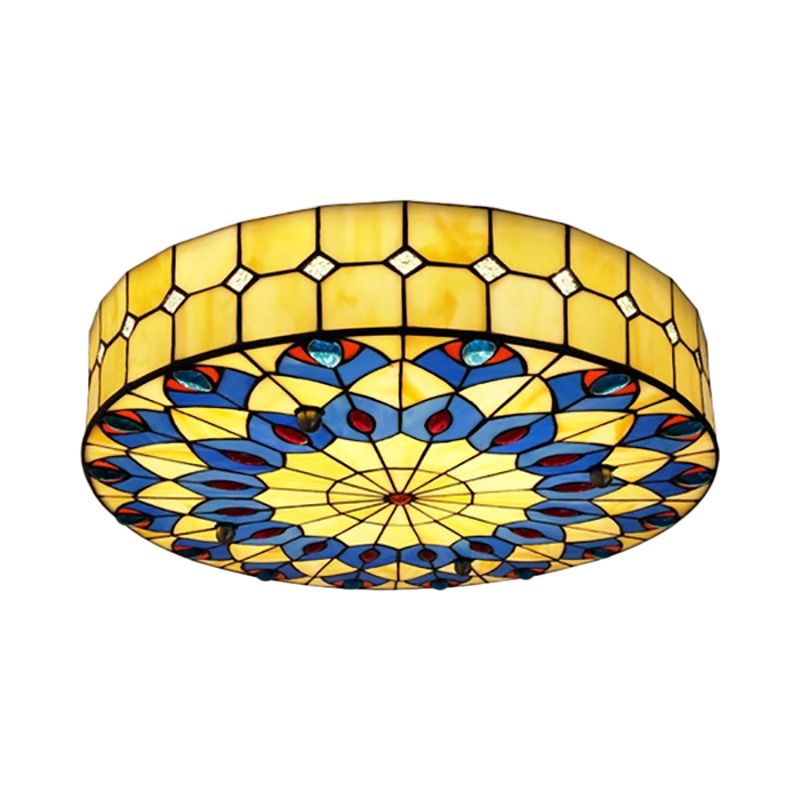 16"/18" W Round Shade Flushmount Tiffany Blue Flush Ceiling Light with Peacock Design for Restaurant