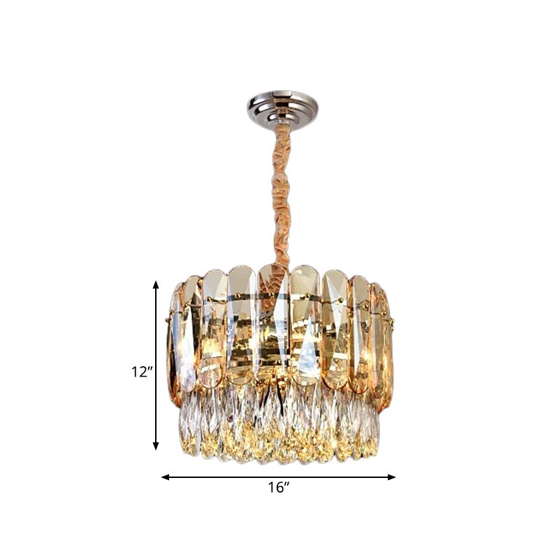 K9 Crystal Drip Gold Chandelier 2-Tier Drum Shape 6 Bulbs Modern Hanging Ceiling Light