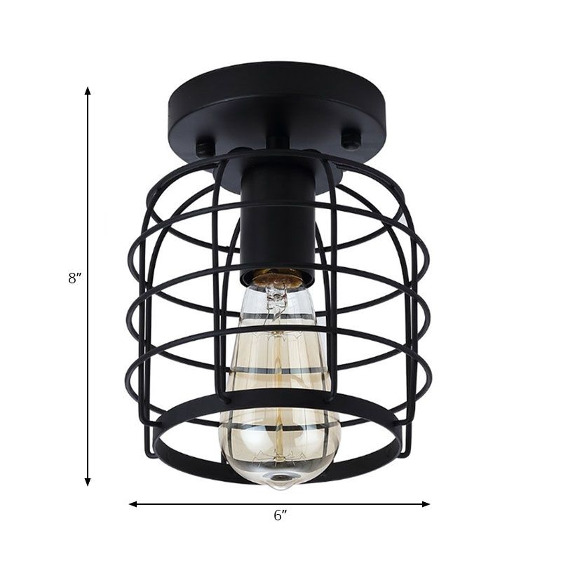 Plafonnier à 1 tête, cage cylindrique vintage en métal, semi-encastré, noir, pour couloir