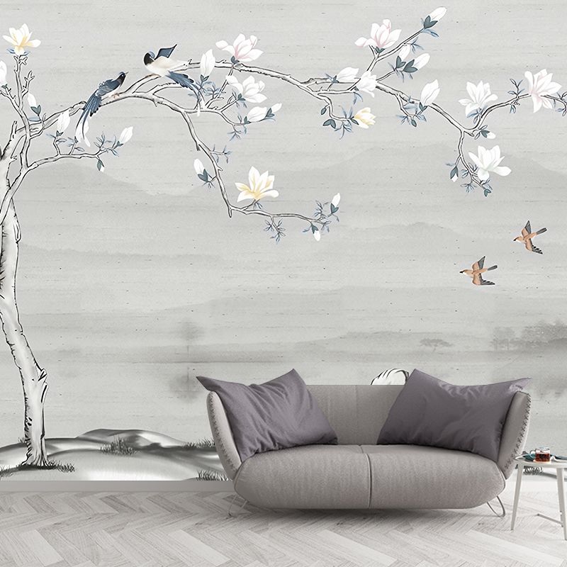 Illustration Magnolia Wall Mural Full Size Wall Covering for Bedroom, Made to Measure