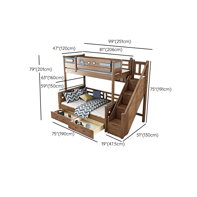 Brown Ash Standard Bunk Bed Solid Wood Scandinavian Bed with Guardrail