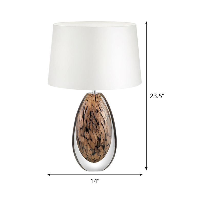1 Head Tapered Table Lamp Modernist Fabric Desk Light in White with Teardrop Brown Glazed Crystal Base