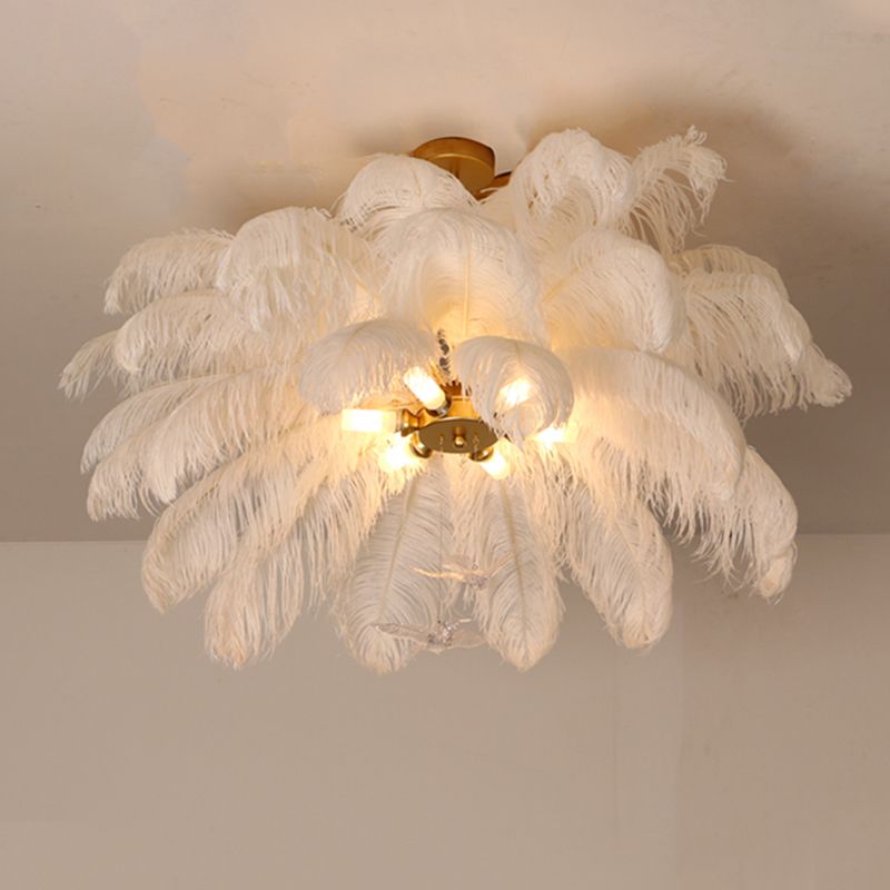 Shaded Ceiling Chandelier Simplistic Feather White Chandelier Light Fixture for Living Room