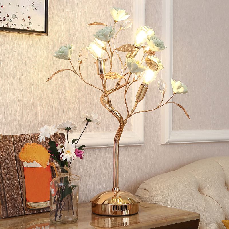 Floral Ceramic Table Light Pastoral Style Living Room Nightstand Lamp with Decorative Crystal