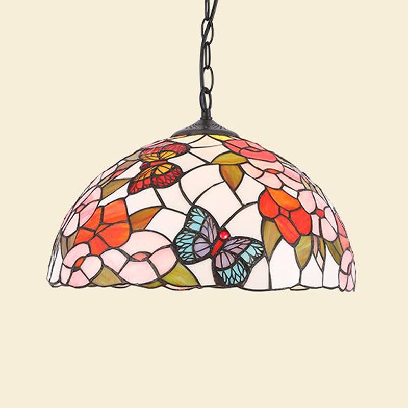 Stained Glass Black/White Pendant Lamp Domed 1 Light Baroque Floral Patterned Hanging Light Kit for Kitchen
