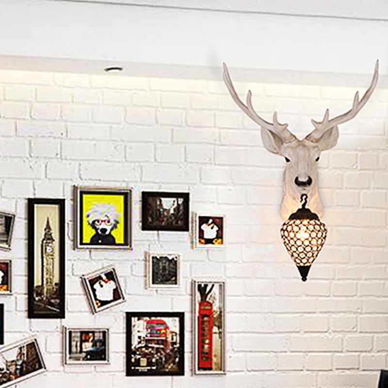 Teardrop Beveled Crystal Wall Lighting Country 15"/20.5"/24.5" Wide 1 Head Bedroom Sconce Lamp with Deer Head in White/Yellow/Gold