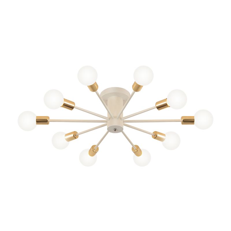 6/8 Heads Bare Bulb Semi Flush Mount Light Vintage Style Black/White Metallic Ceiling Light Fixture for Kitchen