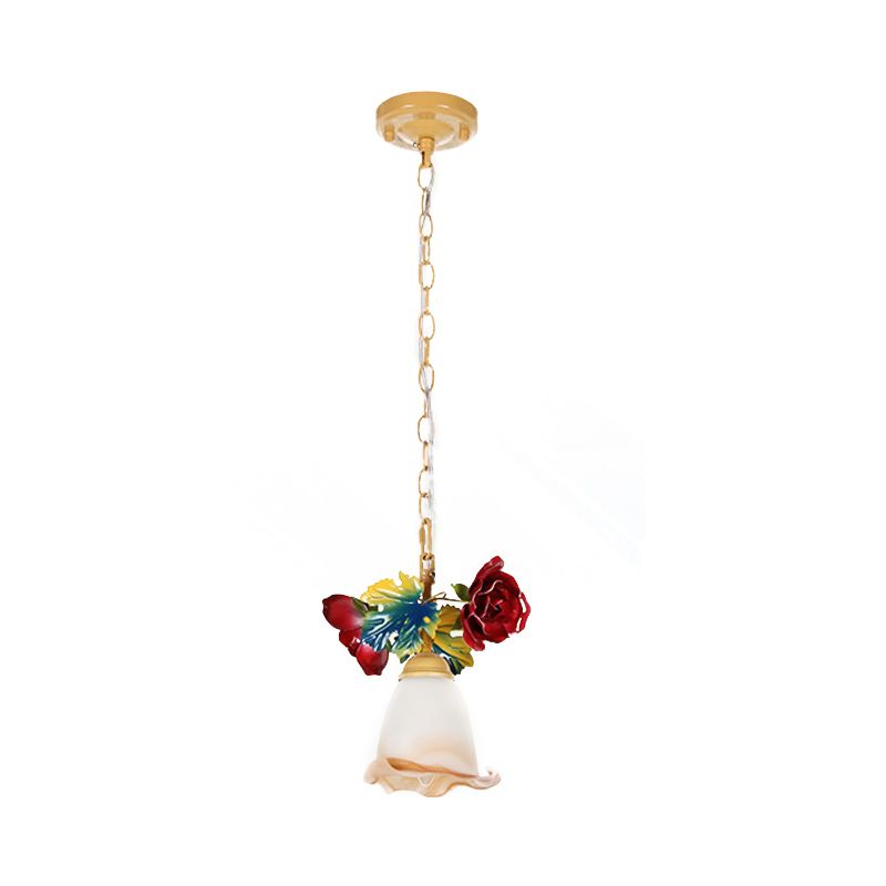Beige Blossom Suspension Lamp Korean Garden Frosted Glass 1 Head Restaurant Pedant Lighting