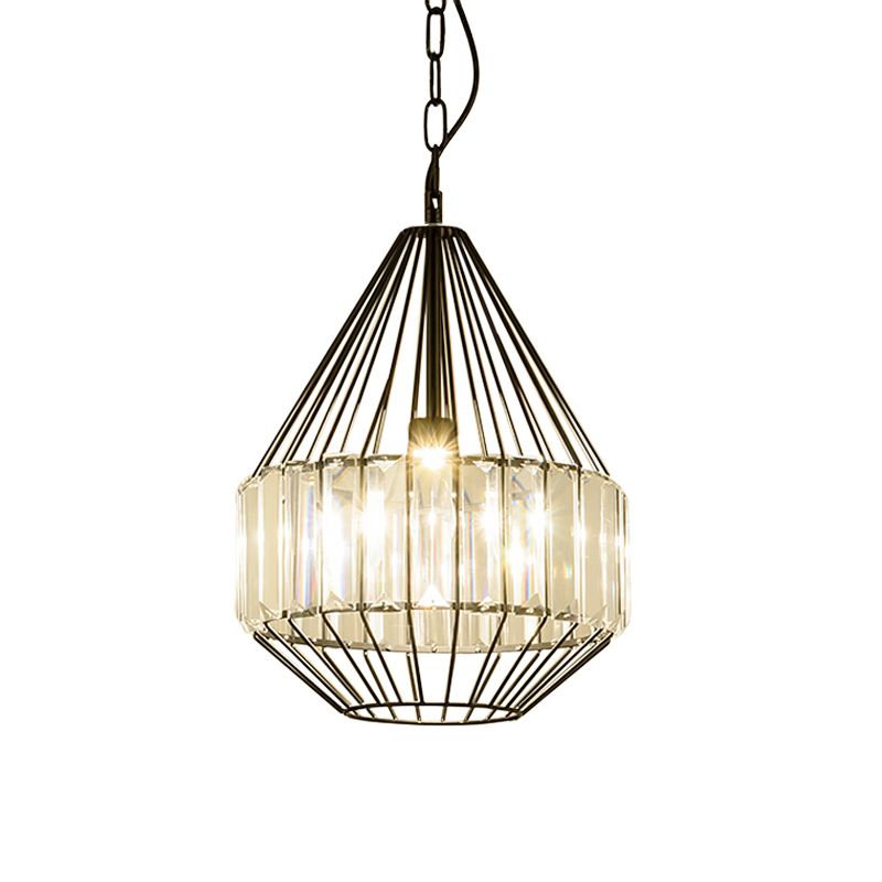 Black Teardrop-Like Pendulum Light Minimalism 1 Bulb Clear Crystal Rectangle Suspension Lamp