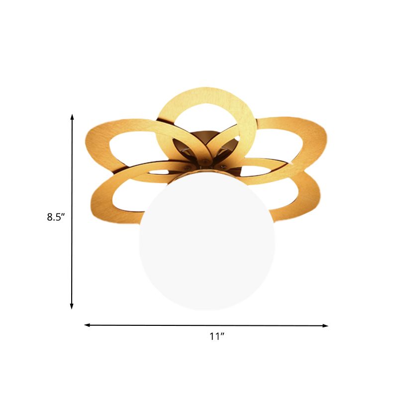 White Frosted Glass Orb Flush Light Modern 1 Light Flush Ceiling Lamp with Gold Flower Canopy
