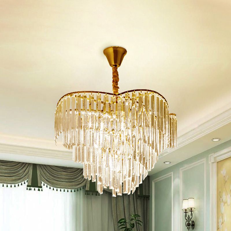 Spiral Hanging Light Postmodern Tri-Sided Clear Crystal Rod 5 Heads Gold Pendant Chandelier