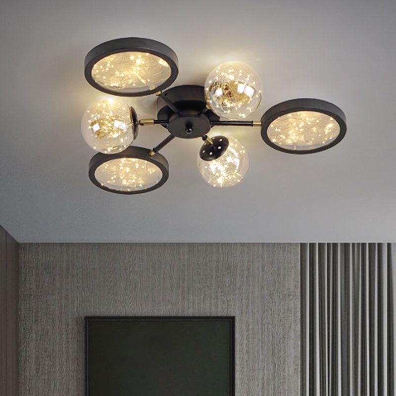 Sputnik Flush Mount Fixture Modernity Amber Glass Black Close to Ceiling Lamp with Glowing String Inside