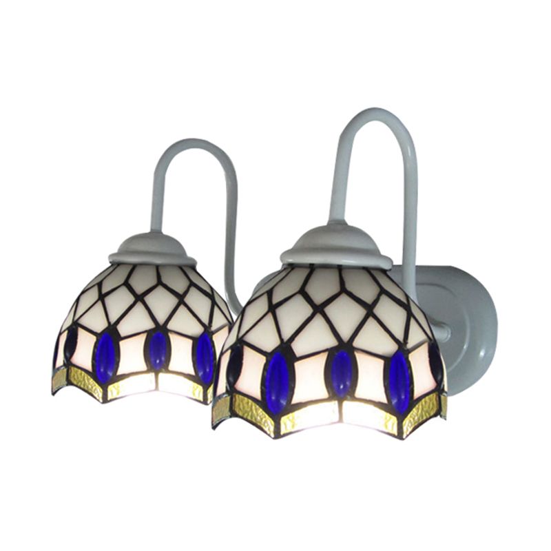 White Dome Sconce Light Tiffany 2 Heads Stained Glass Wall Mount Light with Blue Gem Decoration