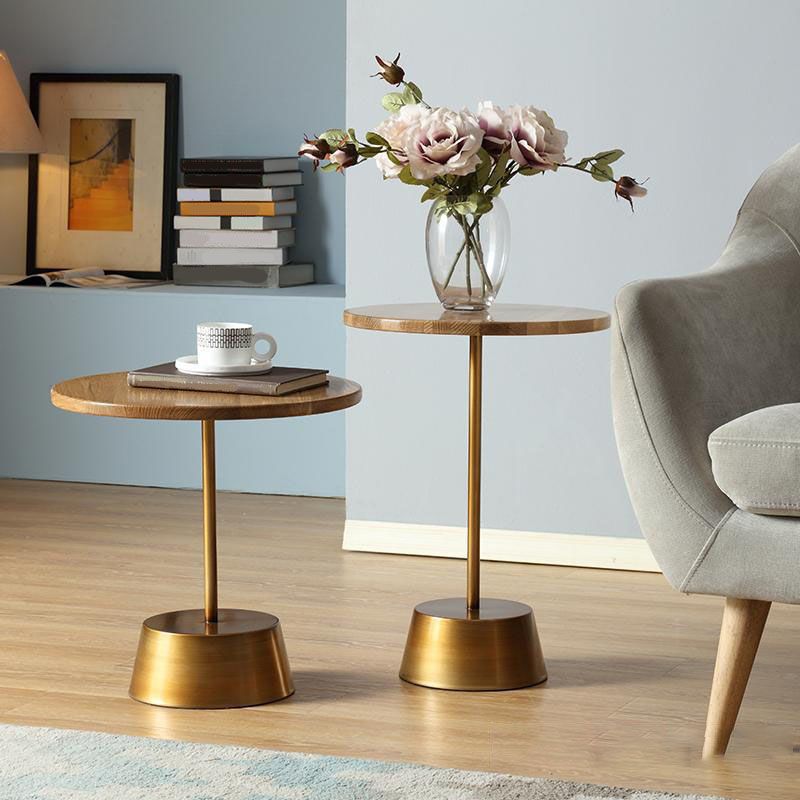 Scandinavian Round Wood Top Side Table Metal Pedestal End Table
