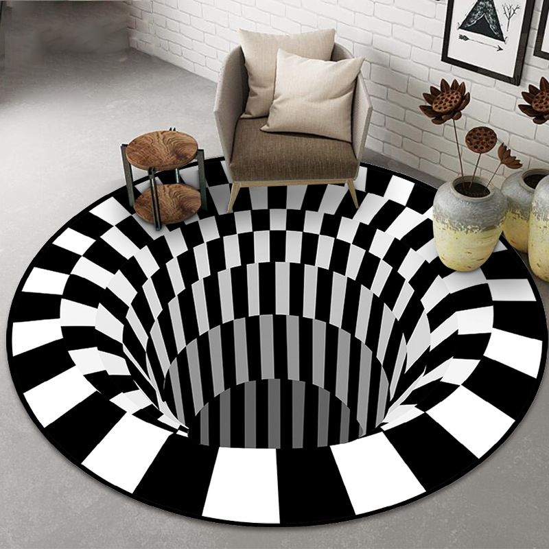 Round Bold 3D Print Rug White Tone Polyester Area Carpet Non-Slip Backing Rug for Living Room