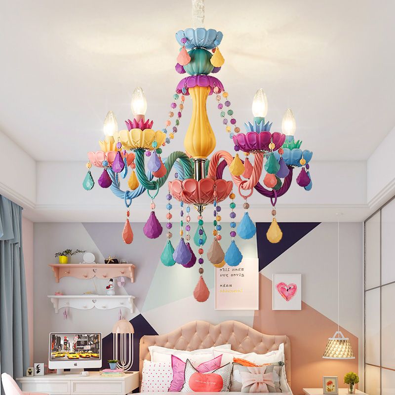 Candle Baby Room Chandelier Metal Macaron Suspension Light with Crystal Drapes