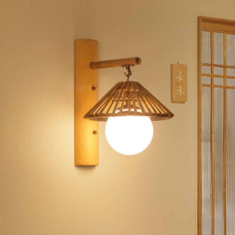 Conical Wall Sconce Lighting Asian Style Bamboo Single Bulb Wood Wall Lamp Fixture with Global White Glass Shade