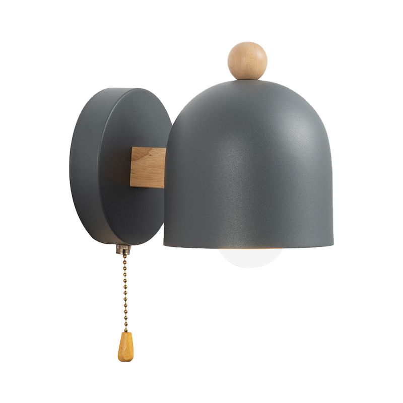 Nordic Small Dome Pull-Chain Wall Lamp Iron 1 Bulb Bedroom Wall Mount Lighting in Grey with Wood Detail