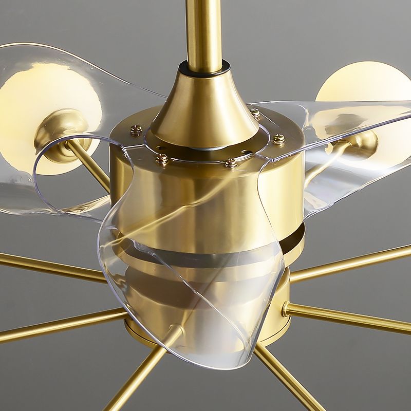 34" W Opaline Glass Ball Semi Flush Mount Lighting Postmodern Brass Remote Control Ceiling Fan Light with 3 Blades