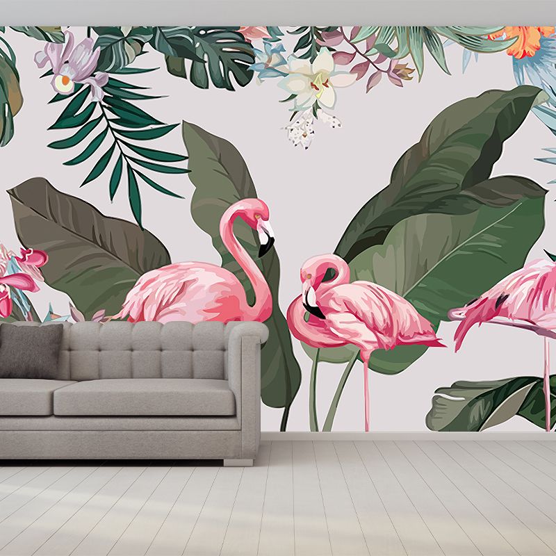Tropical Flamingo Wall Murals Pink and Green Plants Wall Covering for Bedroom Decor