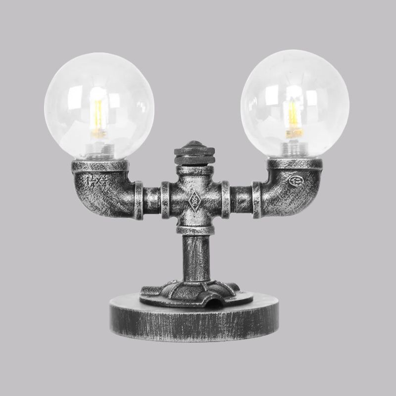 Tarea de sombra redonda de vidrio transparente/ámbar iluminación vintage estilo 2 luces lámpara de escritorio de cafetería en plata antigua/bronce