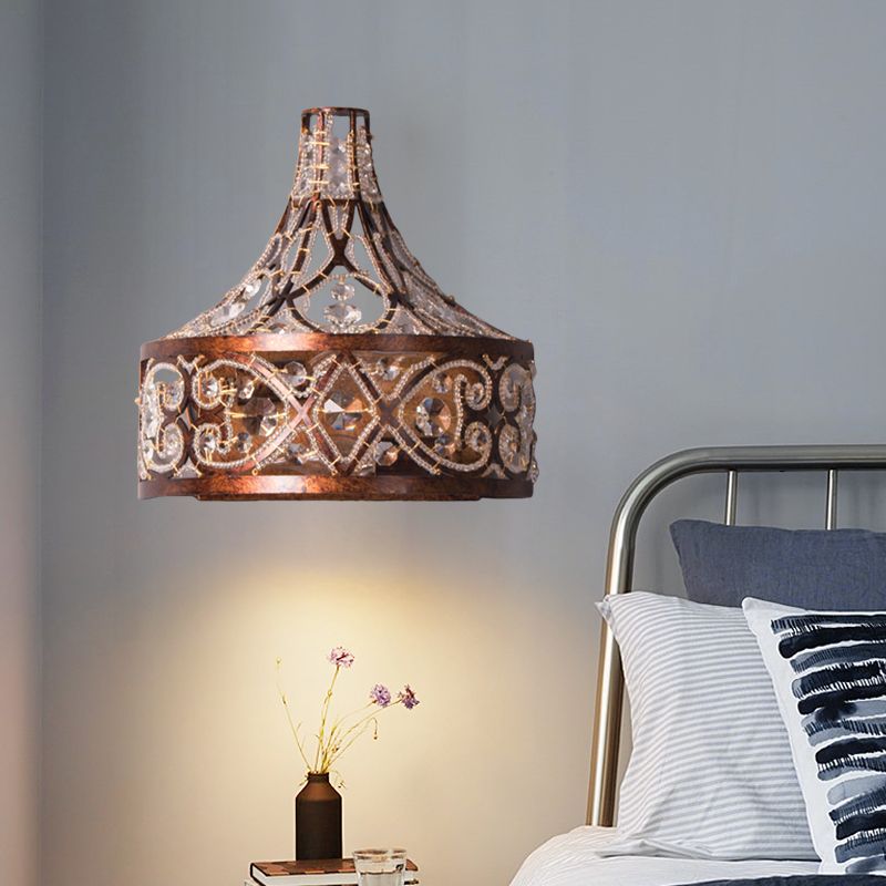 Drum Living Room Wall Light Vintage Metal and Crystal 1 Light Rust Wall Sconce Light