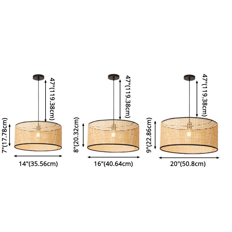Drum Rattan Schatten Anhänger Hanging Lamp Asia Style 1 Licht hängende Deckenleuchte im Beige für Wohnzimmer