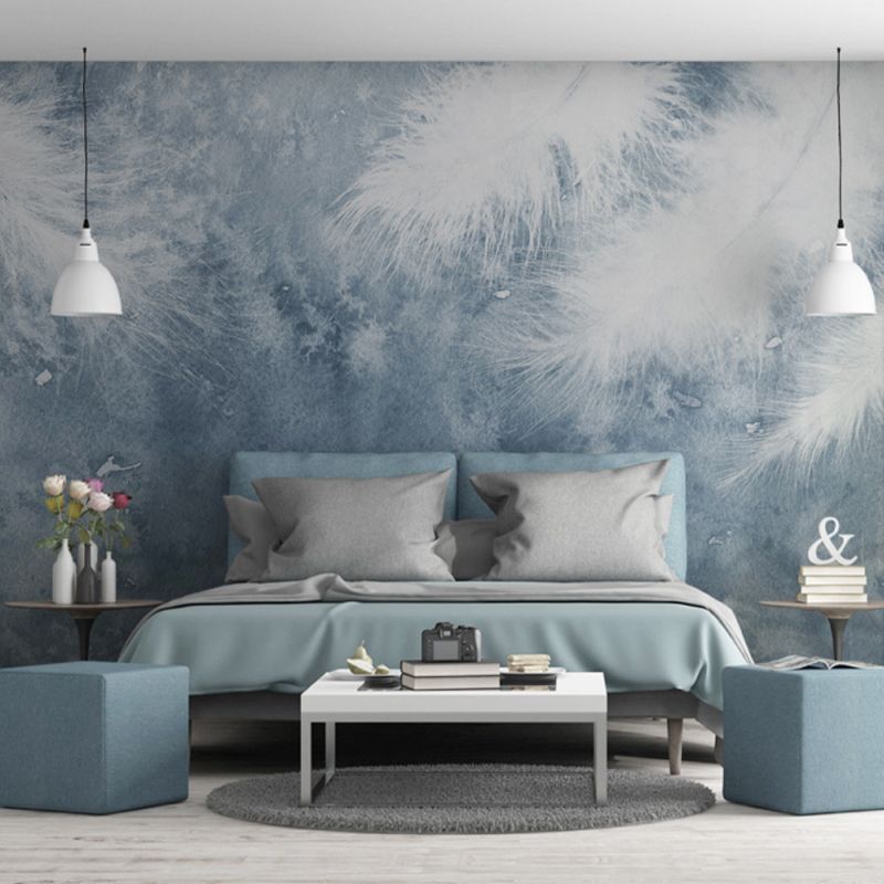 Whole Feather Wall Mural Decal for Home Decoration Misty Wall Art in Blue and White, Water-Resistant