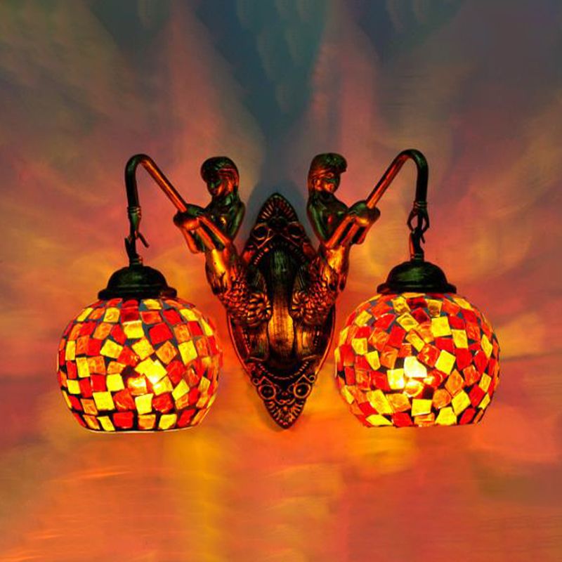 2 Lights Wall Mount Lighting Mediterranean Spherical Stained Glass Sconce Light in Red/Yellow/Orange with Mermaid Arm