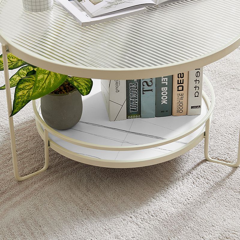 Contemporary Round Coffee Table with Glass Top and Stone Shelf